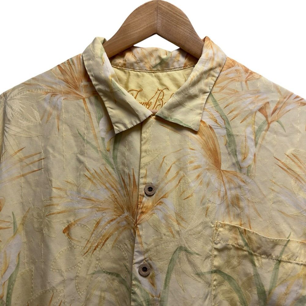 Tommy Bahama Mens Sz XXL Hawaiian Button Front Yellow Floral Jacquard Silk Shirt